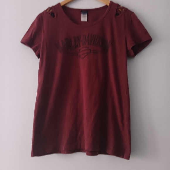 Harley-Davidson Maroon Graphic Cutout Shoulder Tee M El Paso TX - Picture 2 of 7